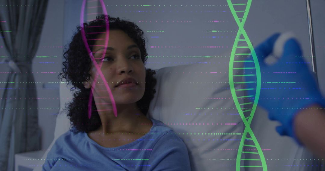 Patient in Hospital Analyzing Genetic Data with Visible DNA Helix