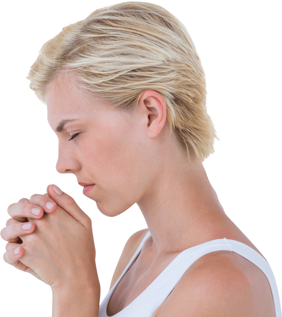 Transparent Image of Woman with Short Hair Praying Intently