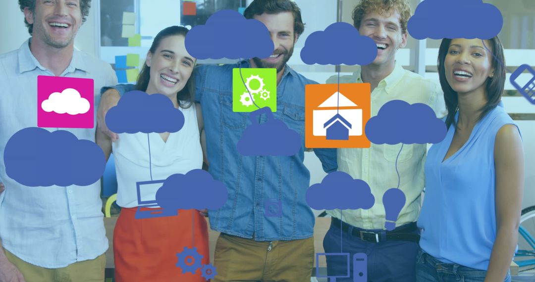 Diverse Team with Floating Technology Icons in Modern Office