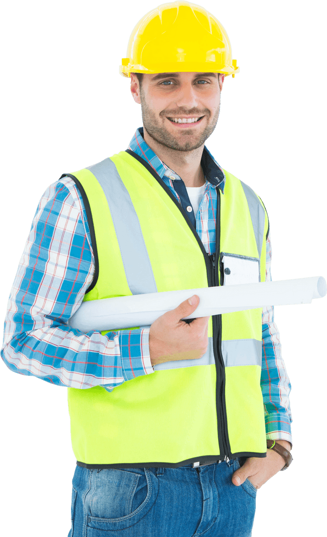 Smiling Architect with Blueprints and Reflective Safety Gear Transparent