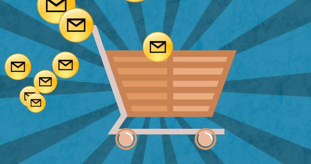 Email Icons Hovering Over Shopping Cart on Blue Background