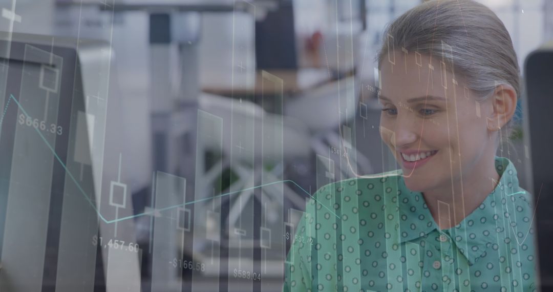 Business Professional Engaged in Video Call with Financial Graphics