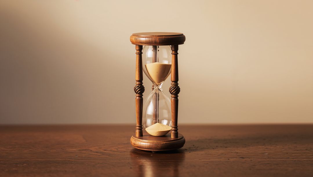 Minimalist Wooden Hourglass with Flowing Sand on Table
