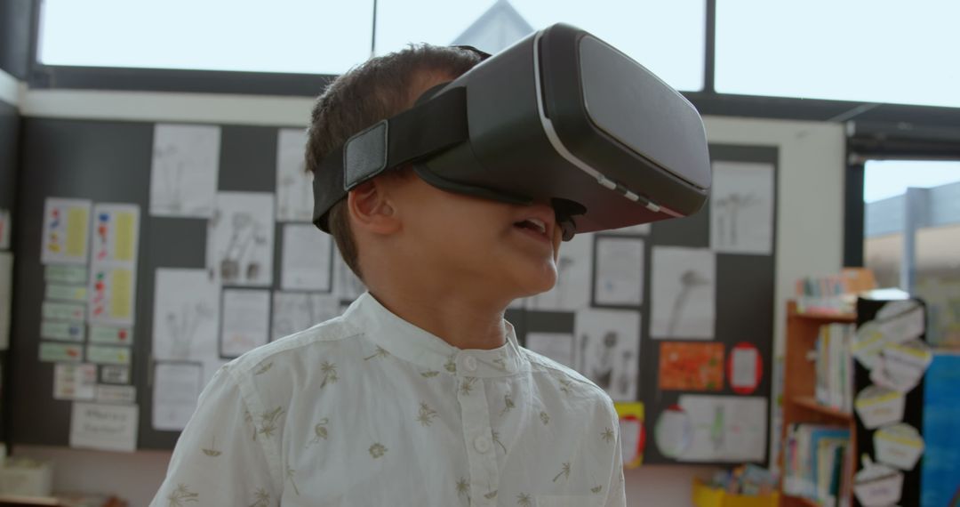 Schoolboy Experiencing VR Technology in Classroom