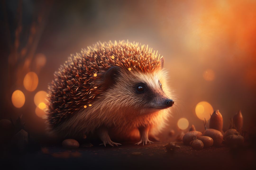 Close up of cute hedgehog with acorns, created using generative ai technology - Free Images, Stock Photos and Pictures on Pikwizard.com