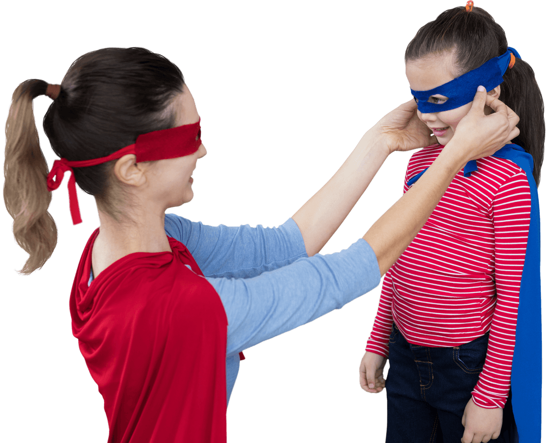 Mother and Daughter Pretending as Superheroes with Red Capes on Transparent Background