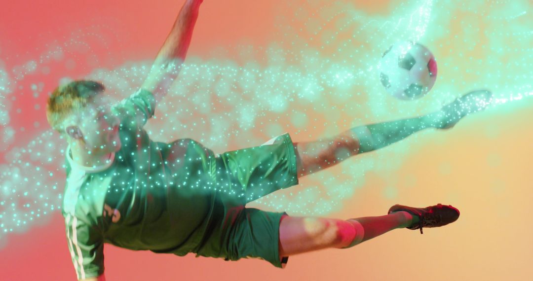 Dynamic Soccer Player Celebrating Goal with Digital Effects