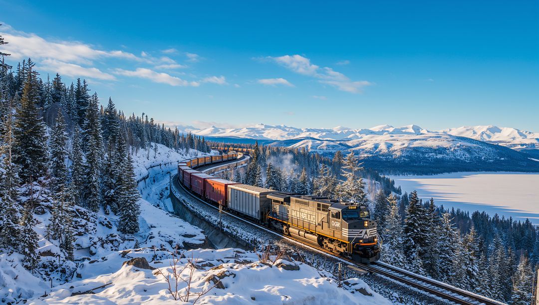 Freight train winding through snow-covered mountain pass with frozen lake and conifers