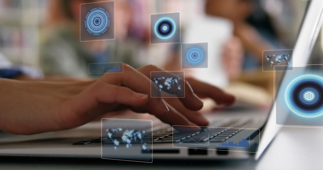 Person Using Laptop with Digital Widgets and World Maps