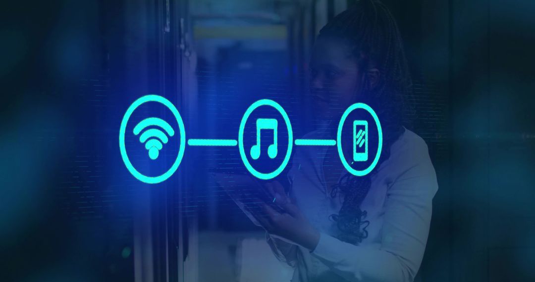 Technician Monitoring Datacenter Connectivity with Digital Icons
