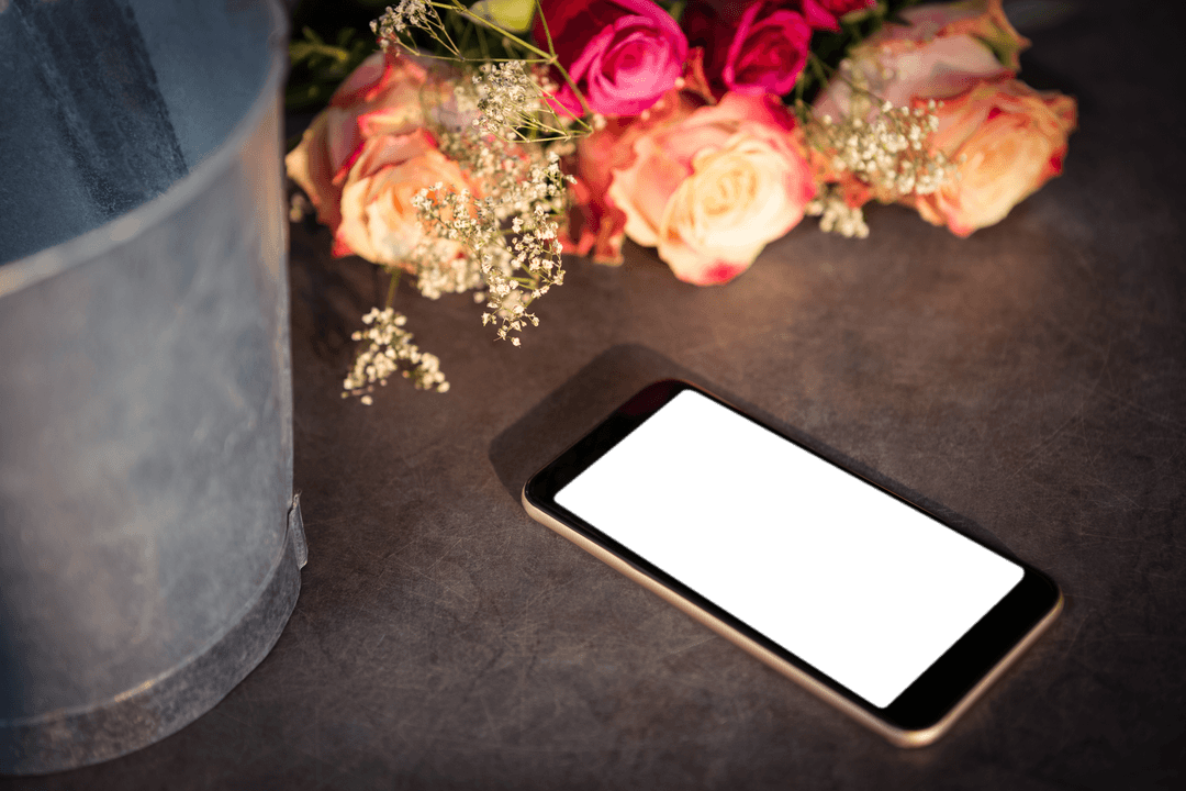 Transparent Mobile Phone on Dark Table with Roses and Bouquet