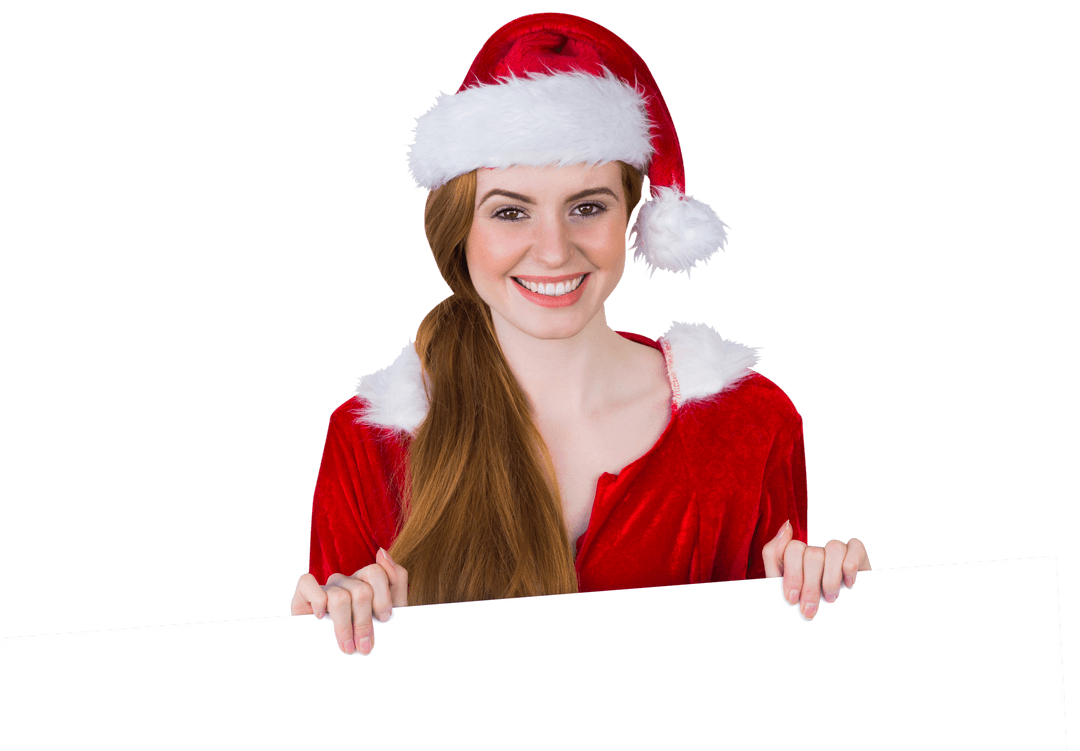 Cheerful Woman in Santa Costume with Blank Transparent Card