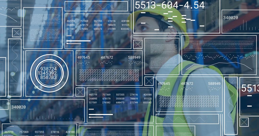 Warehouse Worker Surrounded by Digital Data Visualizations