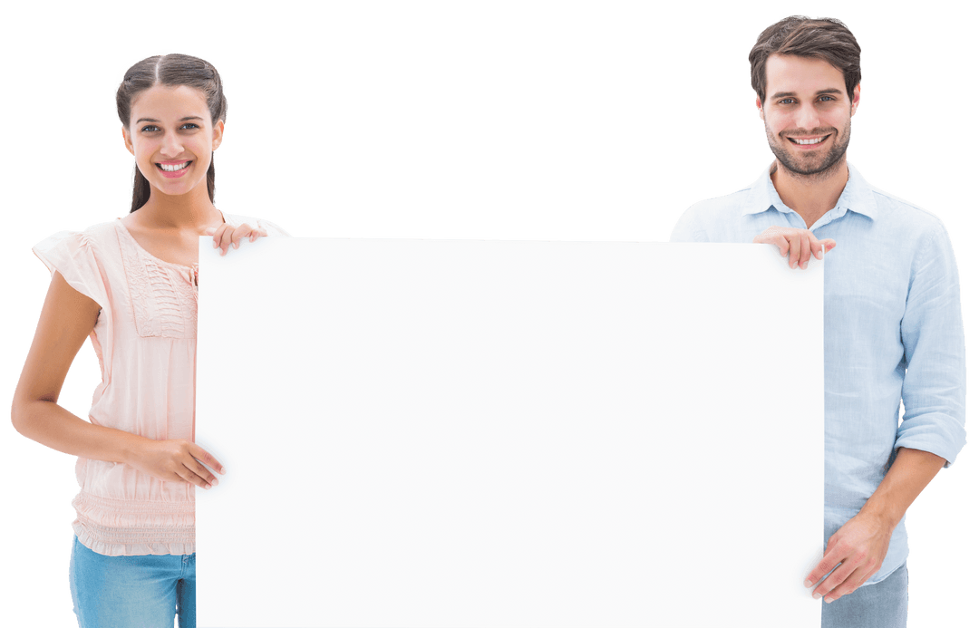 Happy Couple Holding Blank Poster Banner Creating Transparent Message