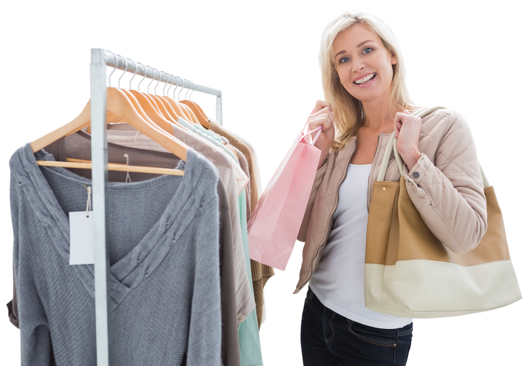 Transparent happy woman shopping holding bags with clothing rack - Download Free Stock Images Pikwizard.com