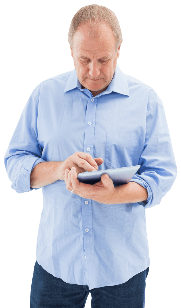 Mature Man Using Transparent Touchscreen Tablet for Productivity