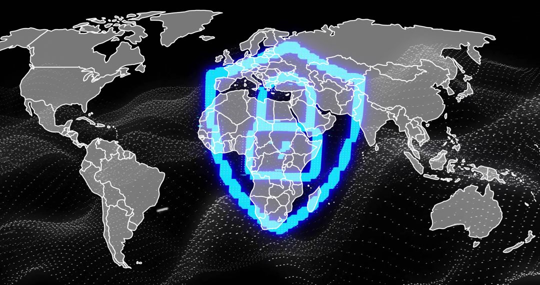 Glowing Pixelated Shield Over World Map Displaying Cybersecurity Concept
