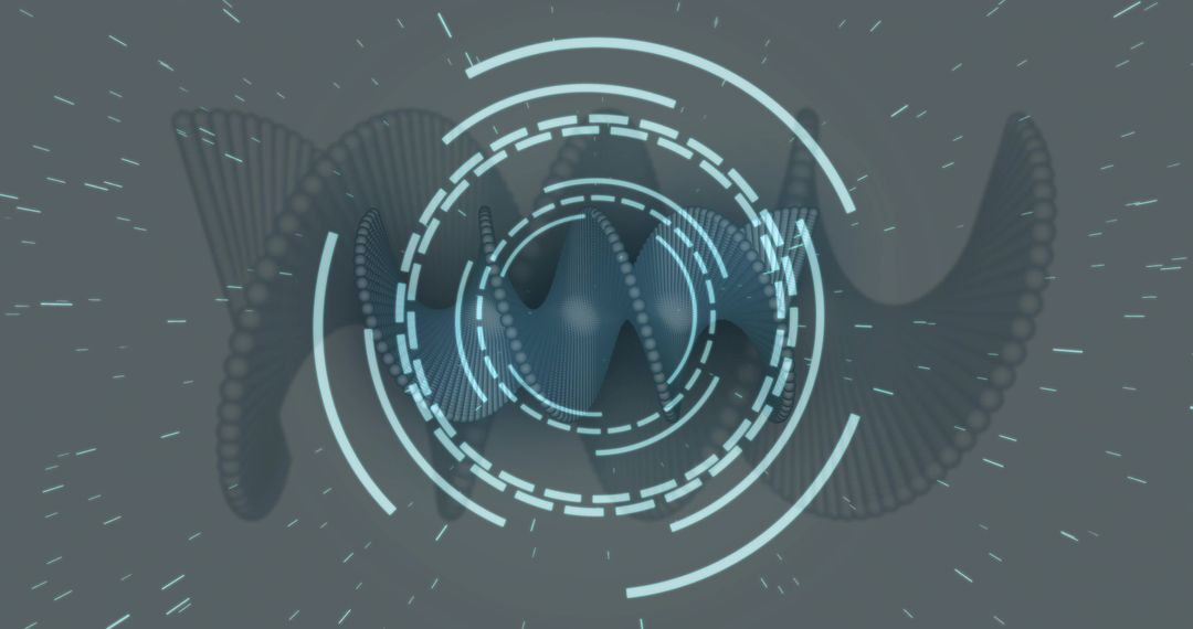 Cyan HUD Rings Rotating Around Helical Beaded Ribbon, Futuristic Tech Interface