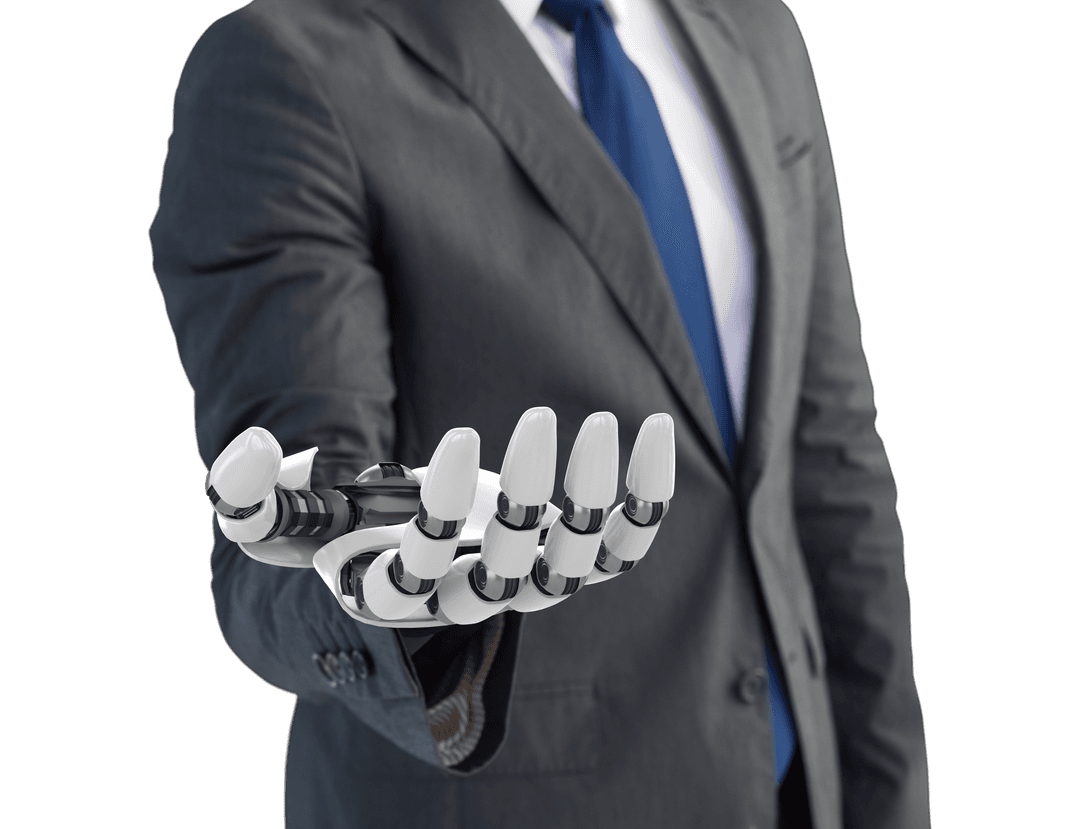 Businessman Offer with Transparent Robotic Hand Innovation
