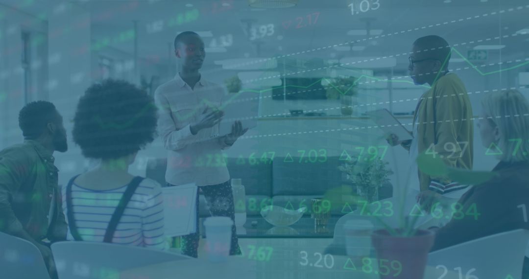Collaborative Team Meeting Amidst Financial Data Visualization