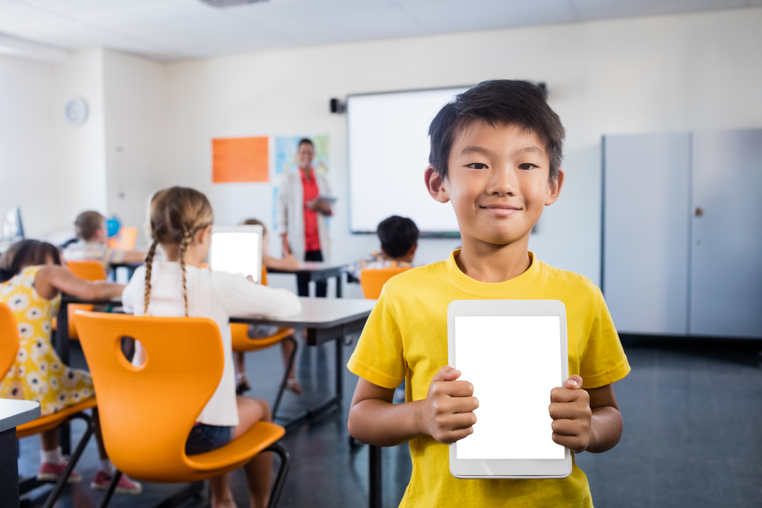 Transparent boy holding digital tablet standing classroom - Download Free Stock Images Pikwizard.com