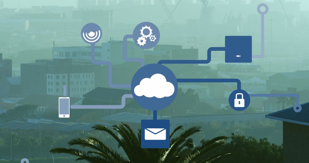 Cloud Computing Concept with Icons Over Foggy City Skyline