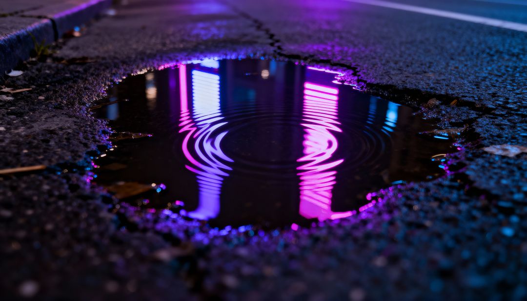 Neon Columns Reflecting in Rain Puddle, Rippling Water on Wet Asphalt at Night