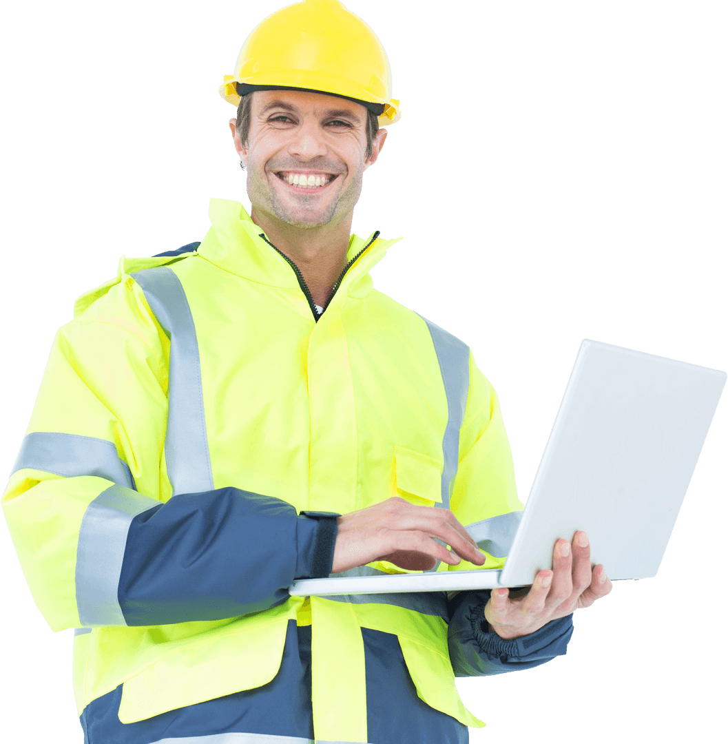 Confident Architect in High Visibility Gear with Transparent Laptop Outdoors