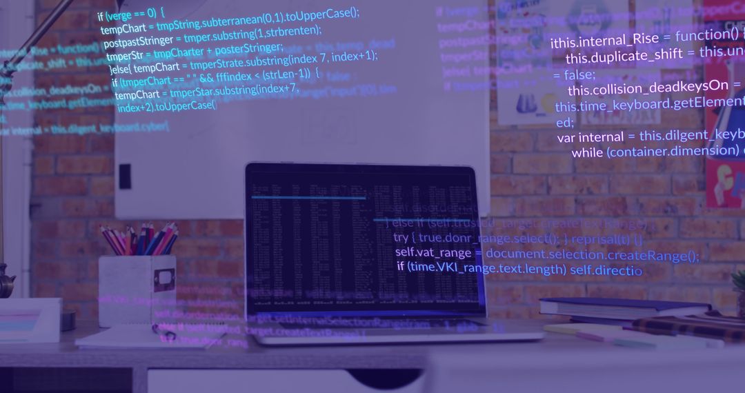 Laptop showing data processing code with digital overlay in office