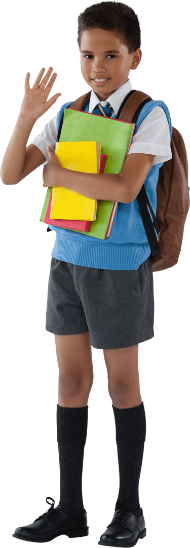 Cheerful School Boy Waving and Holding Colorful Books on Transparent Background