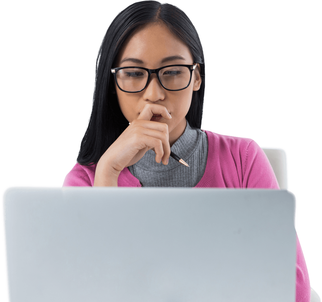 Thoughtful Asian Businesswoman Working on Transparent Background