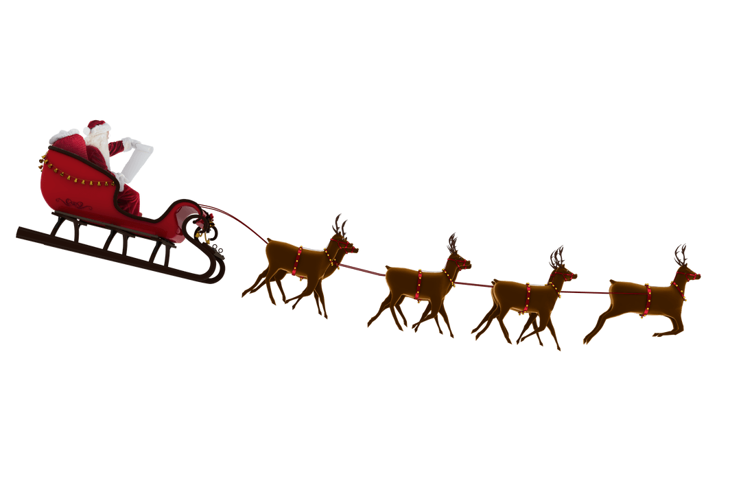 Santa Claus Riding Sleigh with Reindeer on Transparent Background