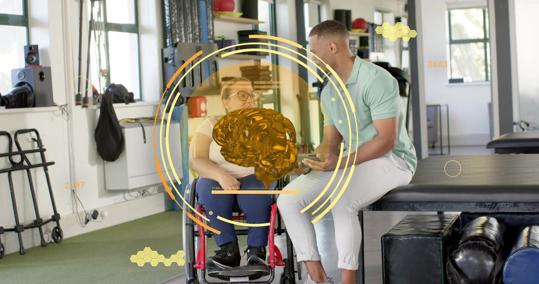 Therapist consulting wheelchair patient using augmented reality brain scan in rehab clinic