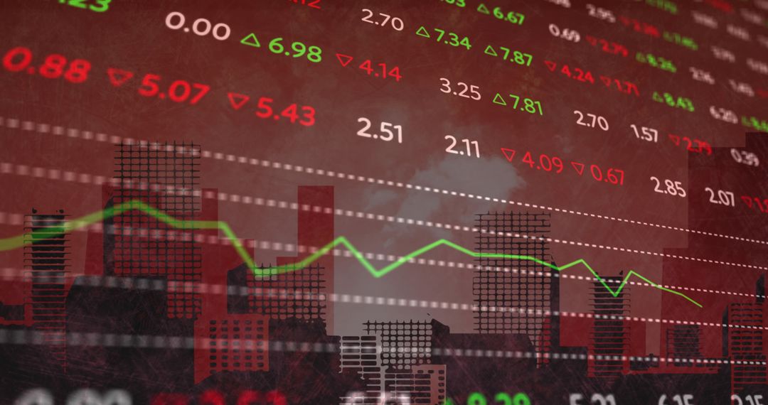 Digital Financial Data Overlaying Urban Cityscape Background