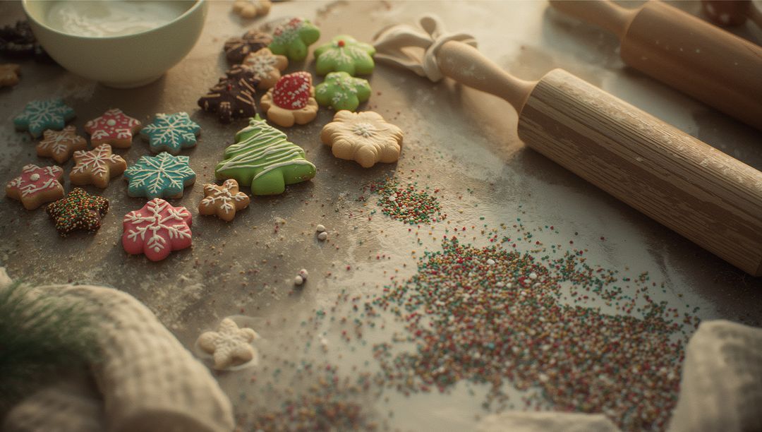 Assorted Homemade Christmas Cookies with Rolling Pin