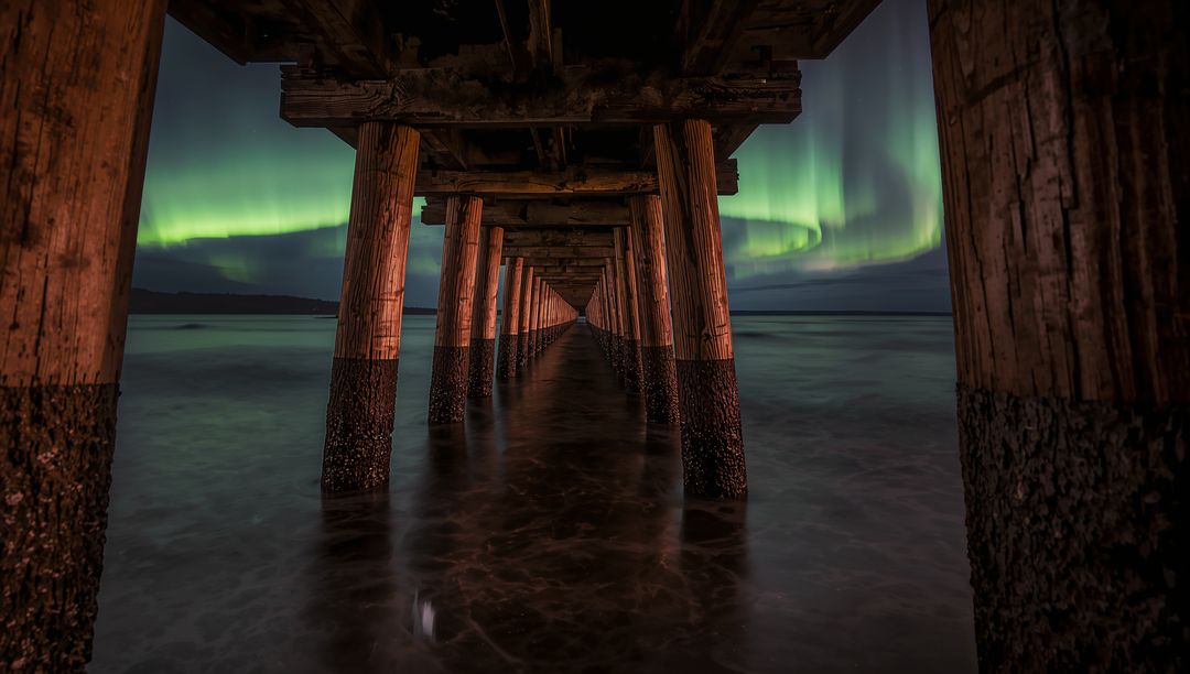 Underpier Vanishing Point with Aurora Borealis Framing Barnacled Pilings and Reflective Sea