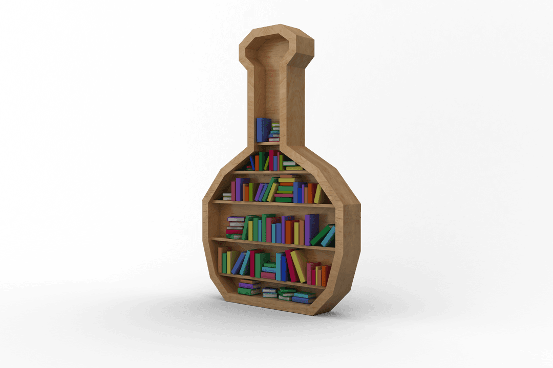 Wooden Bottle Shaped Bookshelf with Colorful Books on Transparent Background