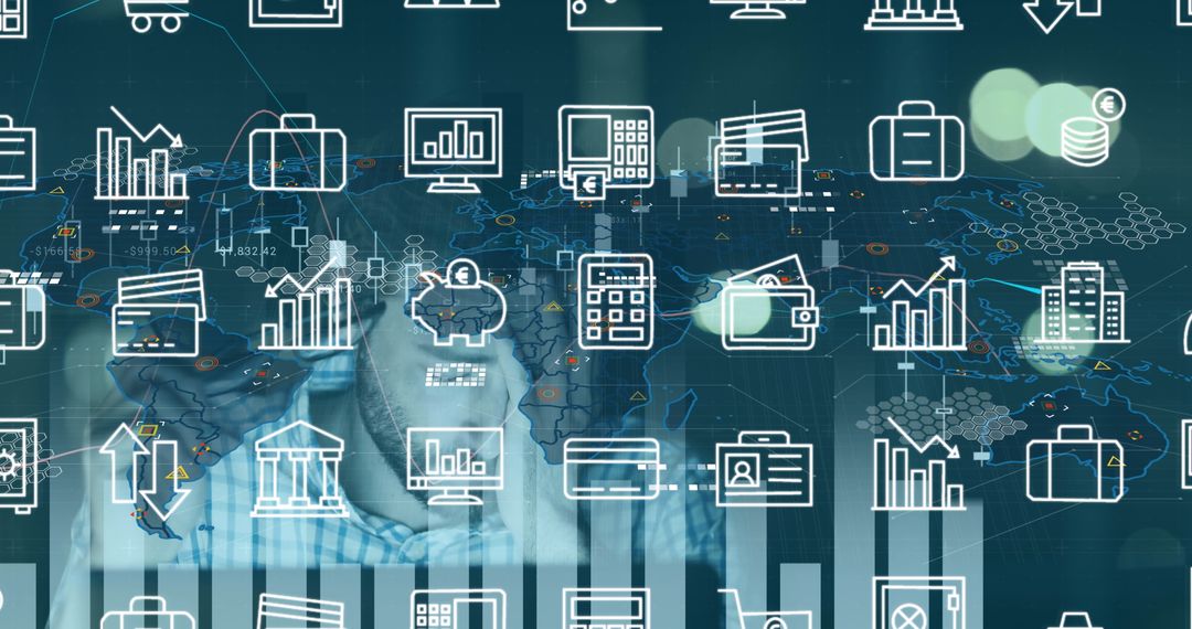 Caucasian Businessman Analyzing Data with Digital Interface Icons