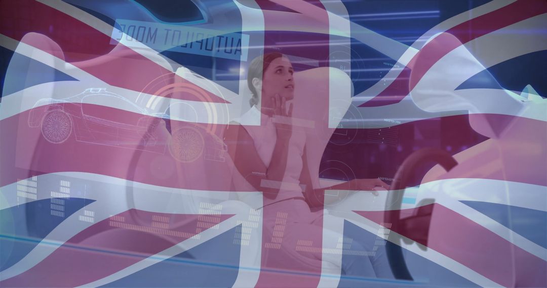 UK Flag Overlay with Woman Interacting in Futuristic Car Setting