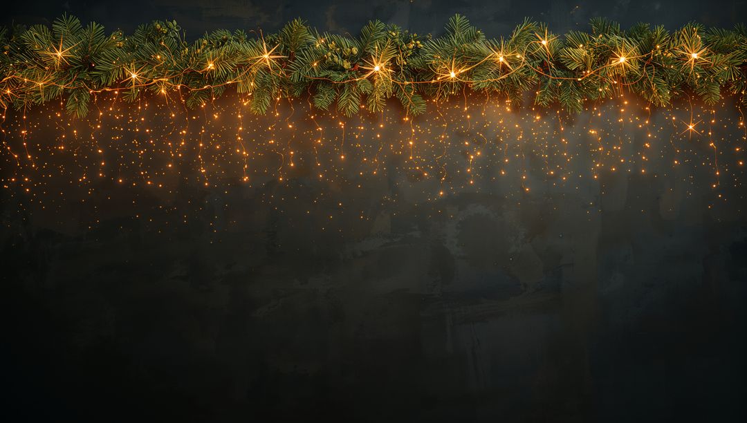 Hanging evergreen garland glowing with warm string lights and dripping icicle sparkle on dark backdr