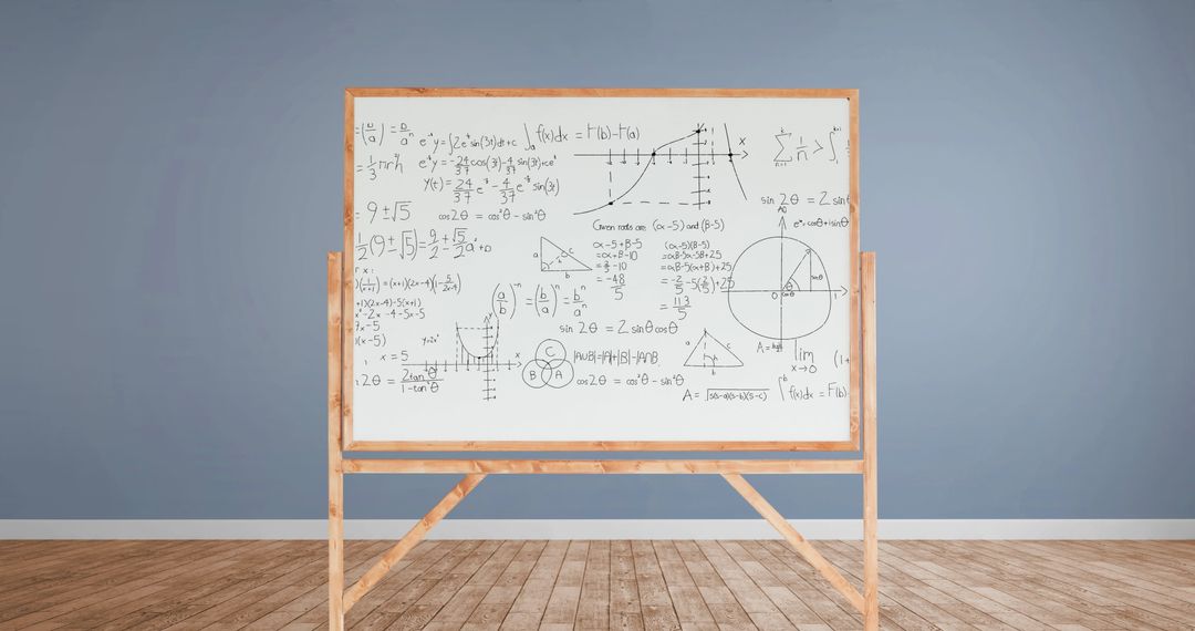 Mathematical problems and diagrams on whiteboard