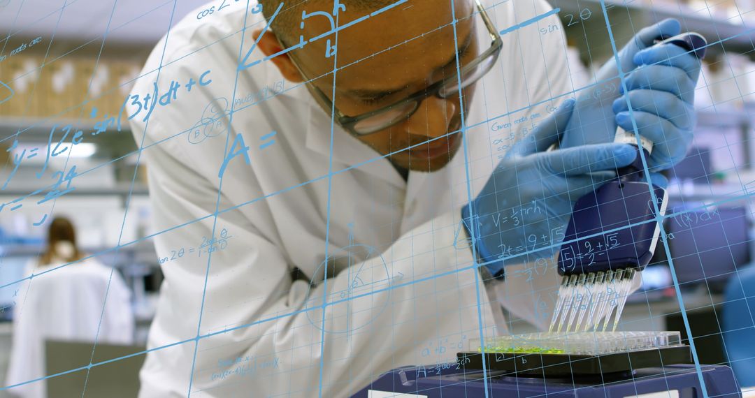Scientist Conducting Lab Research with Digital Equations Overlay