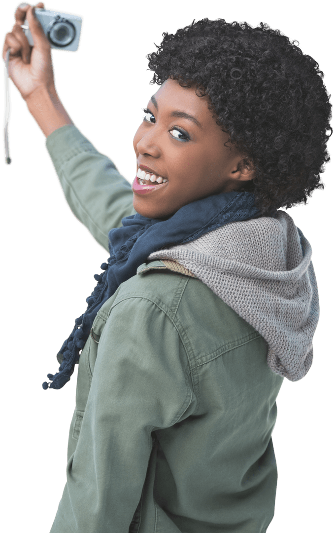 Smiling Woman Taking Selfie with Retro Camera on Transparent Background