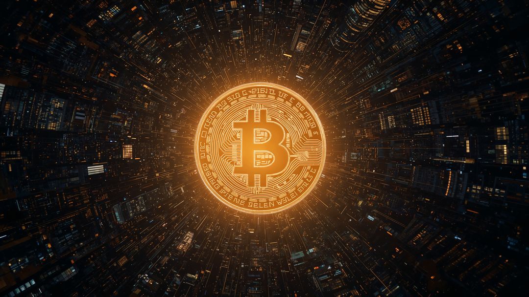 Golden Bitcoin Glowing in Futuristic Digital Metropolis