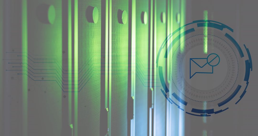 Email Icon Over Scanner Effect with Server Room Background
