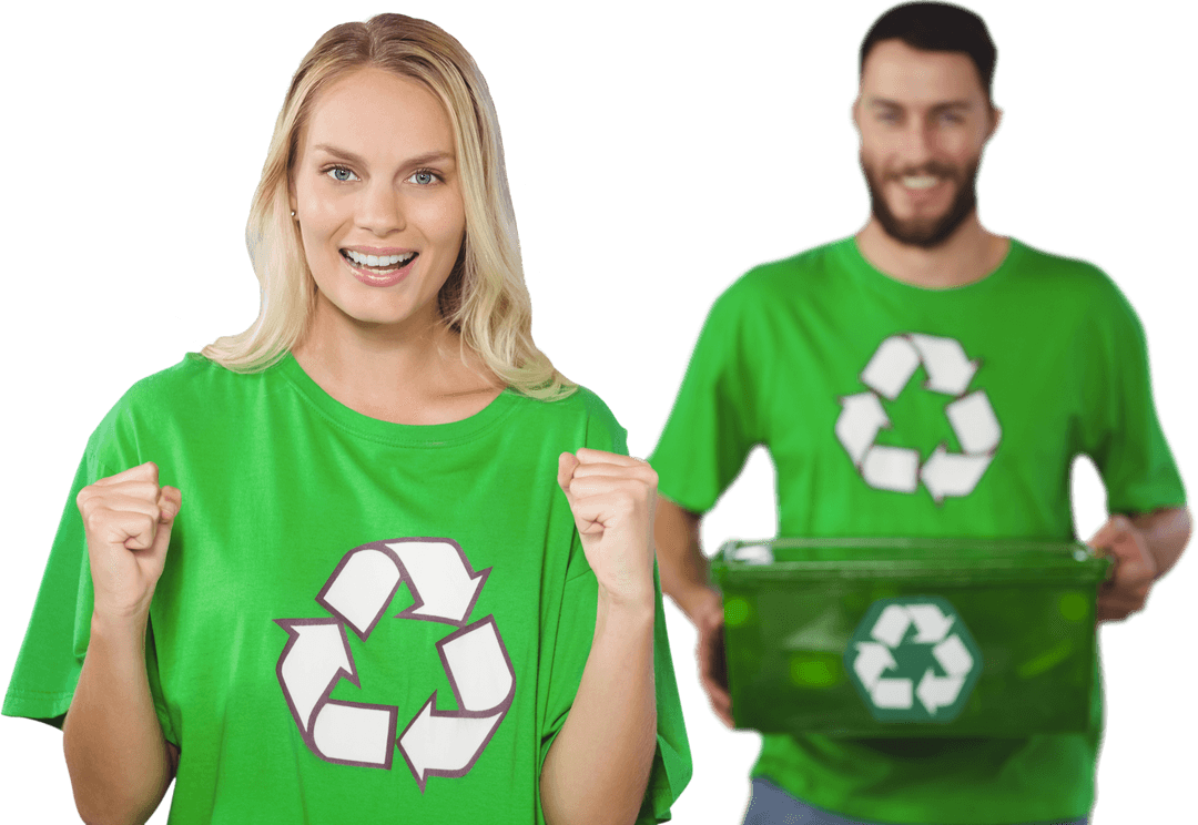 Caucasian Couple in Green T-Shirts Promoting Recycling Concept