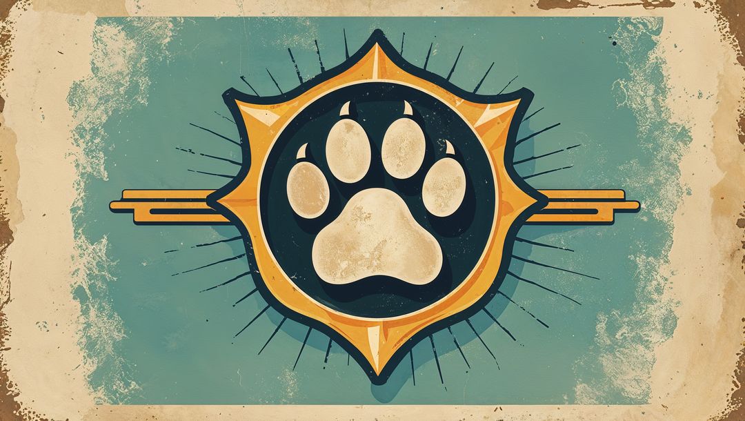Vintage Paw Print Badge with Star Emblem and Radial Lines