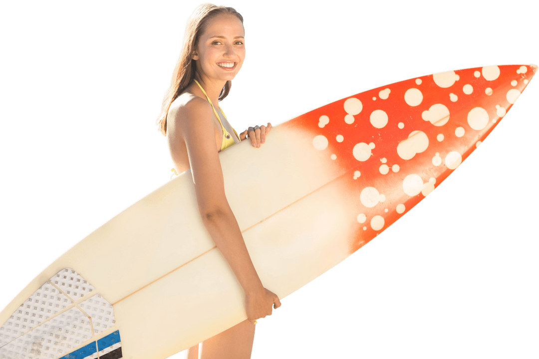 Happy Woman Surfer Holding Board on Transparent Background Vector