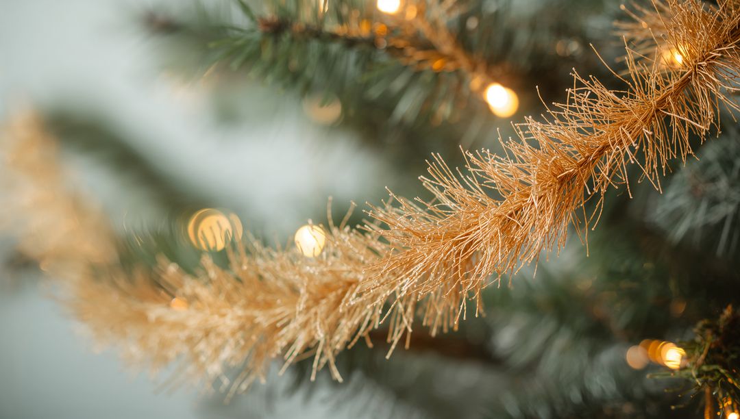 Shimmering Gold Tinsel Garland Draping Evergreen Branch with Warm Bokeh Holiday Lights