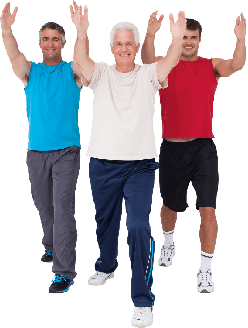 Group of Fit Men Stretching Arms Together Transparent